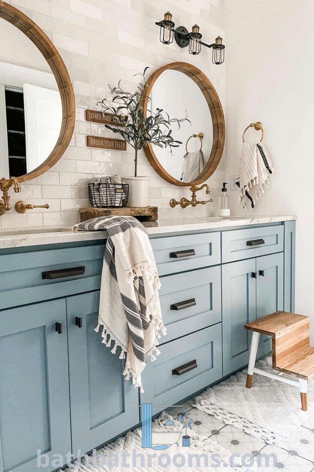 A tranquil turquoise vanity bathroom showcasing two round mirrors and blue cabinets, embodying farmhouse design and cozy aesthetics. Explore unique decor ideas and inspirations for small spaces at bathbathrooms.com.