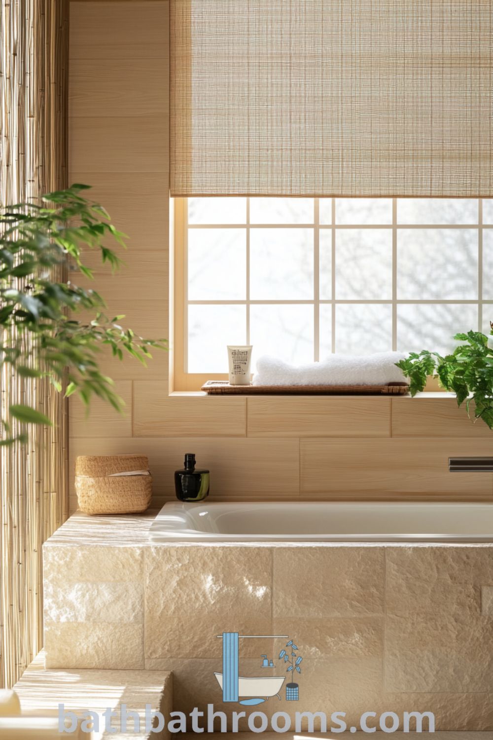 Serene Japanese bathroom featuring a beige tub, warm natural light, textured wood paneling, polished stone tiles, and fresh green plants for a tranquil atmosphere. Explore more cozy decor ideas for your home at bathbathrooms.com.