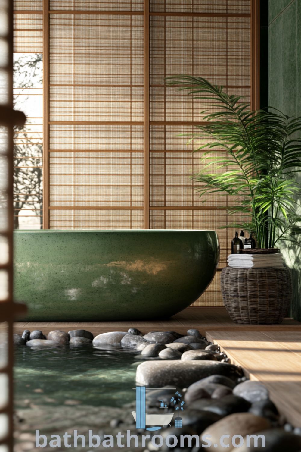 Serene Japanese bathroom featuring bamboo panels, a muted green soaking tub, surrounded by stones, and soft morning light filtering through shoji screens. Discover inspiring decor ideas for your home at bathbathrooms.com.