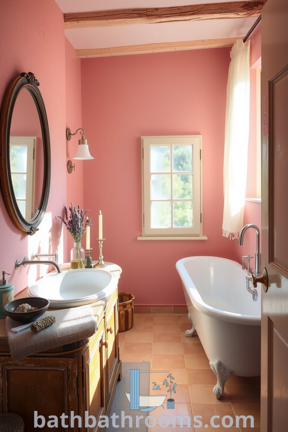 Cozy Provence bathroom design featuring soft pink hues, textured plaster walls, a vintage clawfoot tub, and natural elements like dried herbs and candles, creating an inviting atmosphere for relaxation. Discover more décor ideas at bathbathrooms.com.