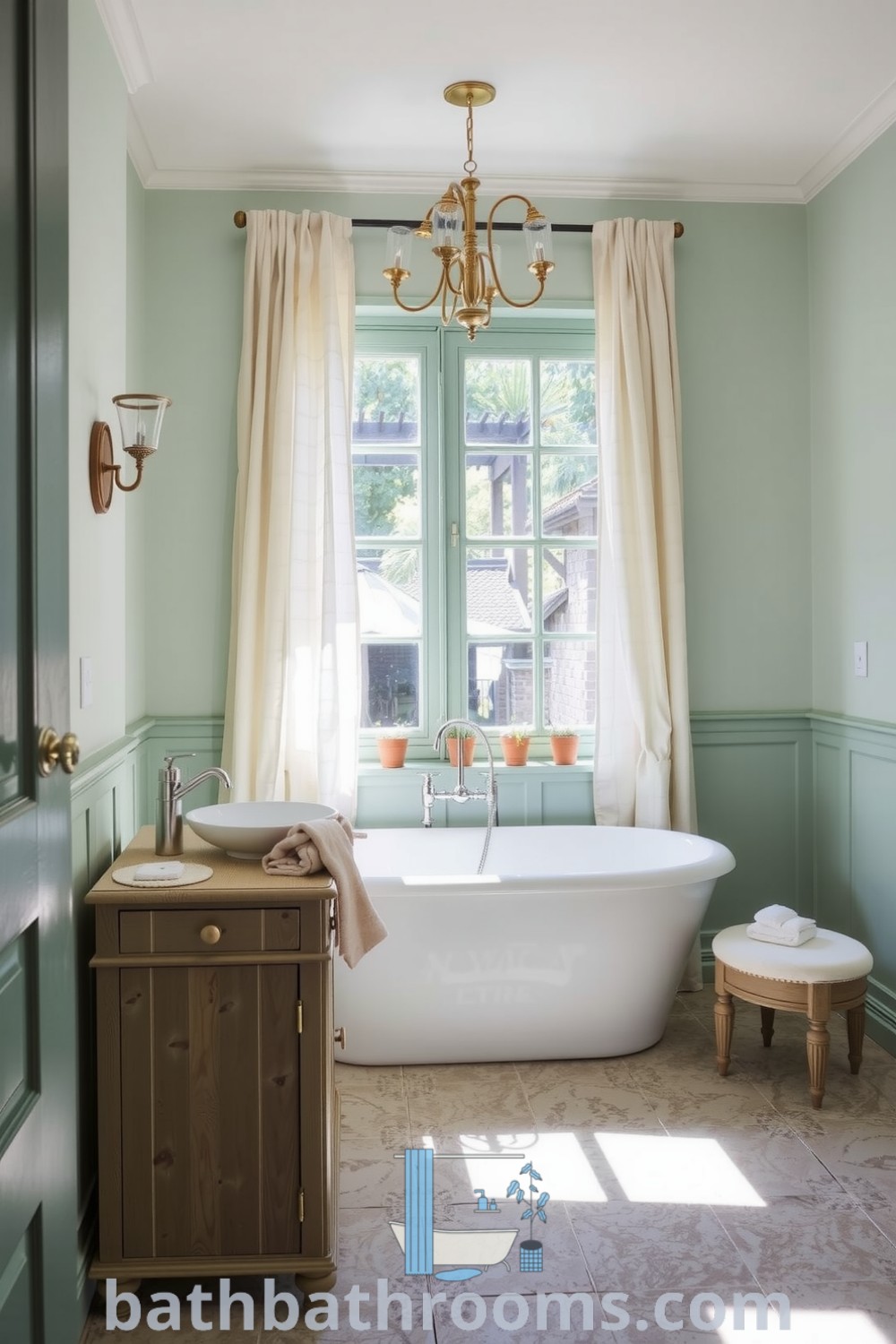 Cozy mint green Provence bathroom featuring a freestanding tub, vintage fixtures, light curtains, a wooden vanity, and potted herbs, creating a tranquil and inviting space. Discover inspiring decor ideas for your home at bathbathrooms.com.