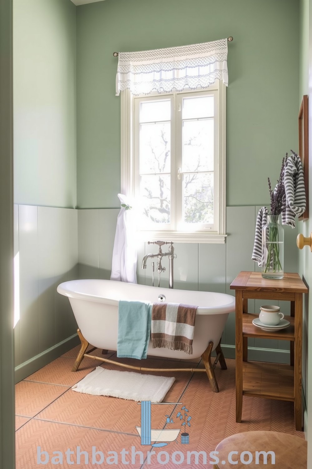 Cozy Provence bathroom featuring soft sage walls, a freestanding tub with vintage fixtures, rustic floor tiles, and a wooden vanity adorned with lavender, creating a tranquil and inviting atmosphere. Discover inspiring decor ideas for your home at bathbathrooms.com.