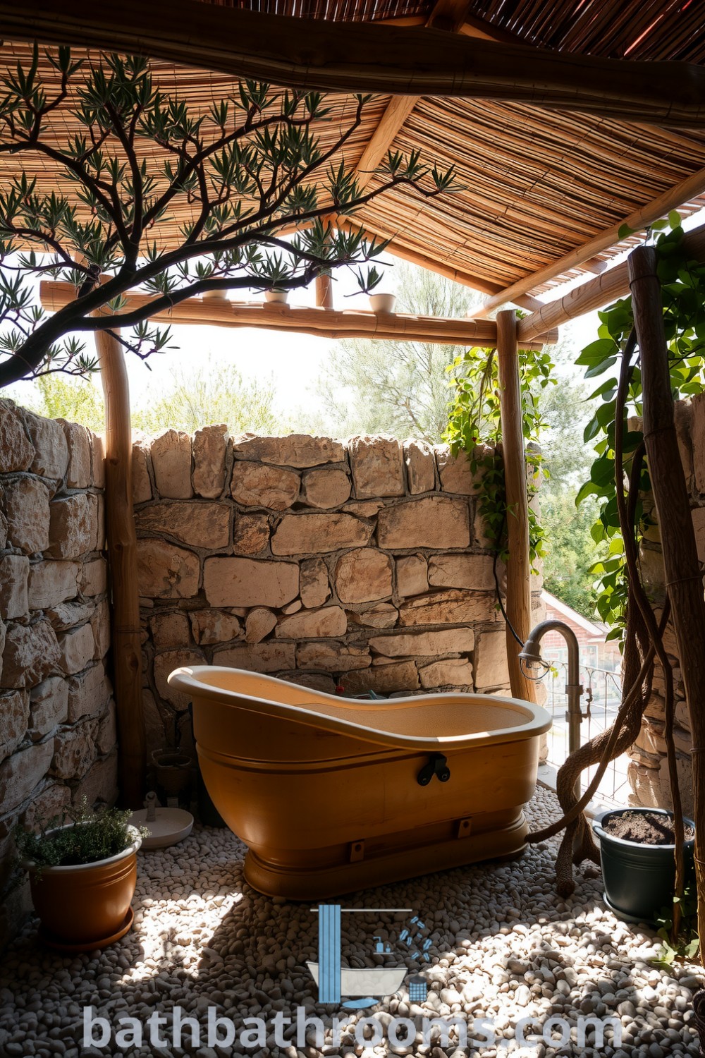 Cozy outdoor bathroom featuring weathered wooden beams, a reclaimed wooden tub, pebble flooring, climbing ivy, and potted herbs, creating a serene atmosphere. Discover more unique ideas for your home at bathbathrooms.com.