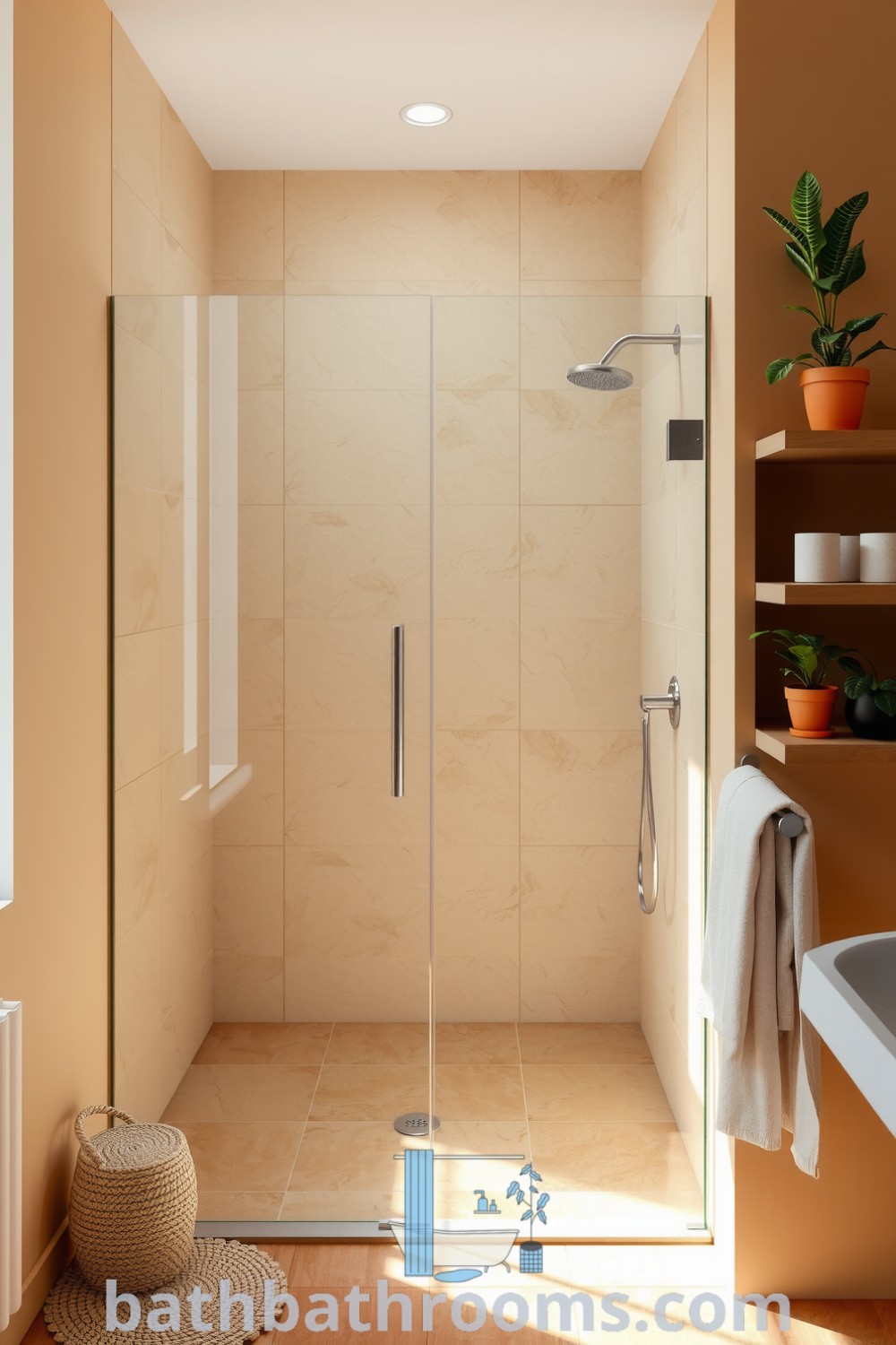 Cozy minimalist bathroom with beige tones, frameless glass shower, earthy wooden shelves with potted plants, and warm stone tiles, creating a tranquil and inviting atmosphere. Explore more cozy design ideas at bathbathrooms.com.