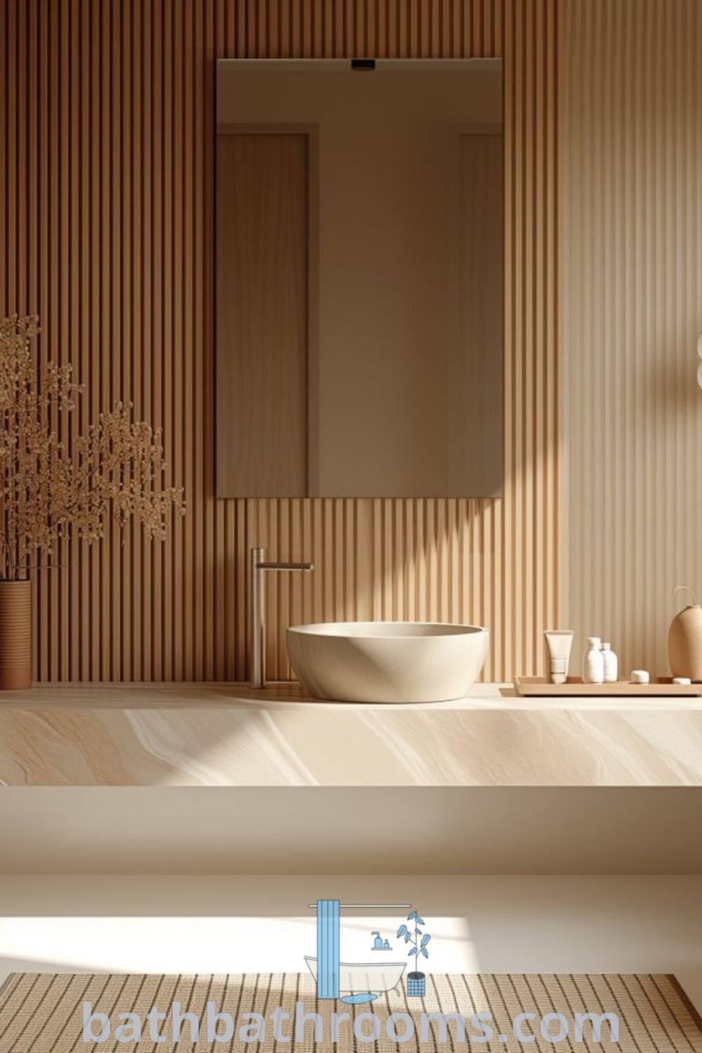 A minimalist bathroom featuring a sink, mirror, and bathtub in natural wood finish, embodying Japandi interior design aesthetics. This cozy space offers inspiring decor ideas for small spaces and highlights design trends for a perfect style fusion. Explore more unique ideas at bathbathrooms.com.