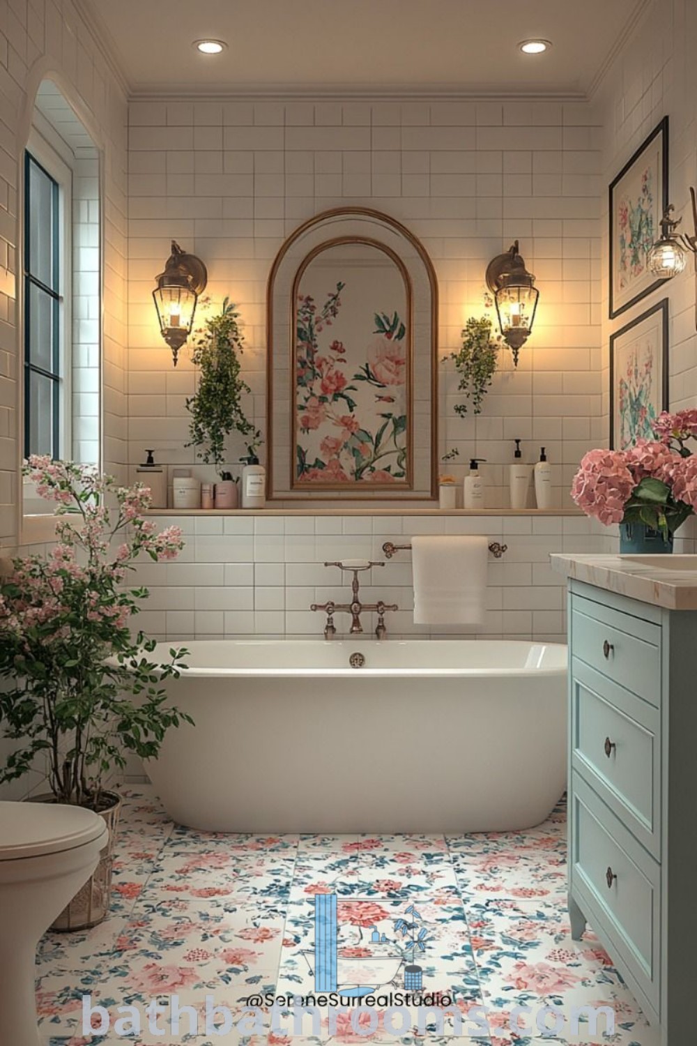 An elegant vintage bathroom featuring a luxurious tub, a sink, and floral decor, showcasing maximalism inspired by 1920s style. This cozy design provides inspiring ideas for cozy homes, perfect style fusion, and unique inspirations for bath enthusiasts at bathbathrooms.com.