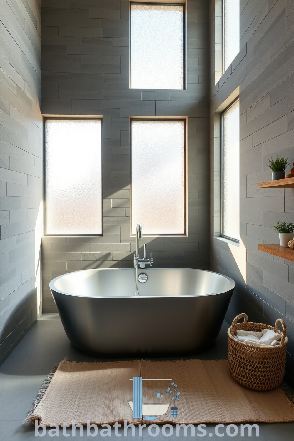 Minimalist bathroom featuring a sleek silver tub, textured gray stone walls, warm wooden shelving, and a soft rug, creating a serene retreat for relaxation. Discover more cozy decor ideas at bathbathrooms.com.