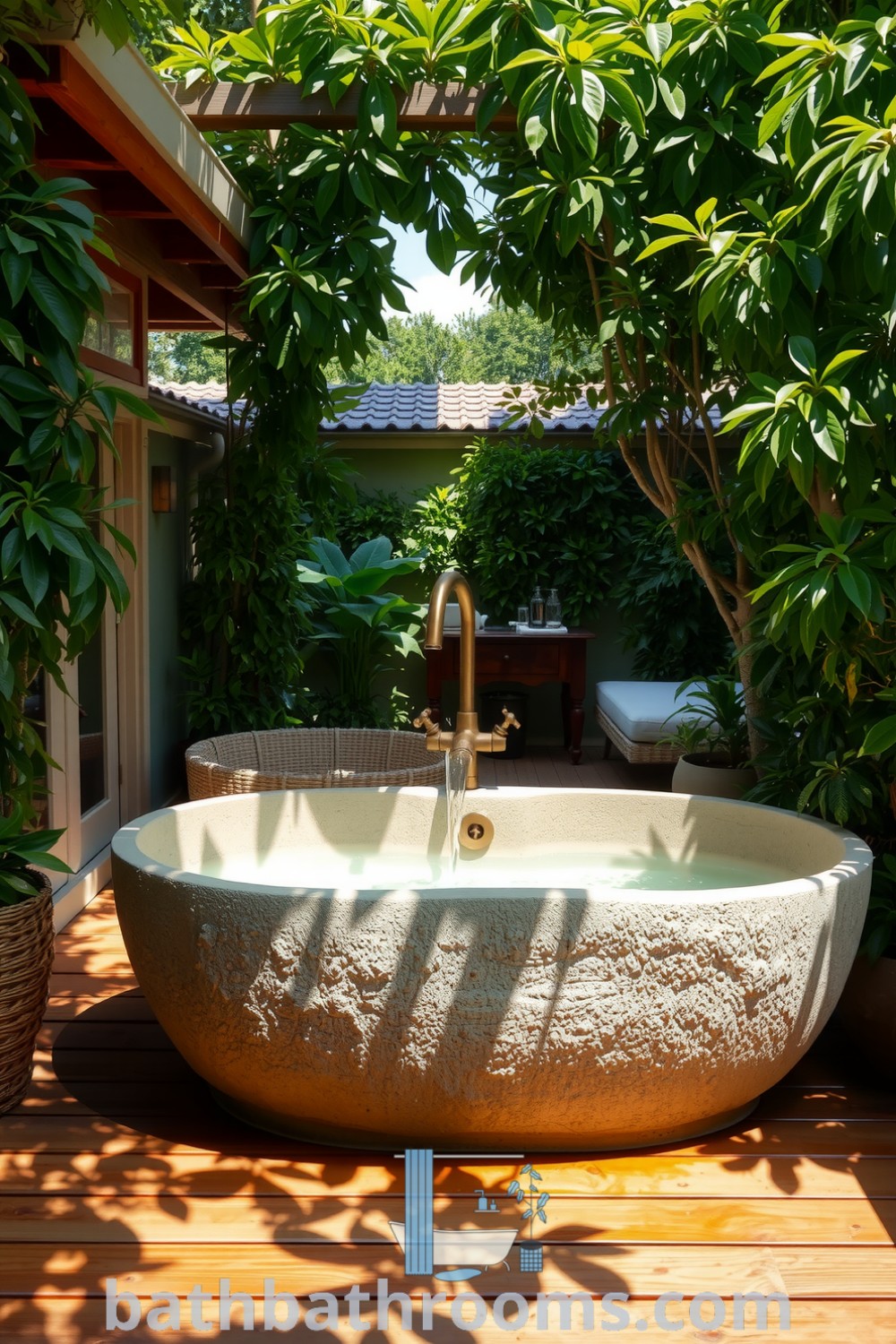 A beautiful outdoor bathroom spa with a freestanding textured stone tub surrounded by lush greenery and wooden decking, creating a serene retreat for relaxation. Discover more inspiring decor ideas at bathbathrooms.com.
