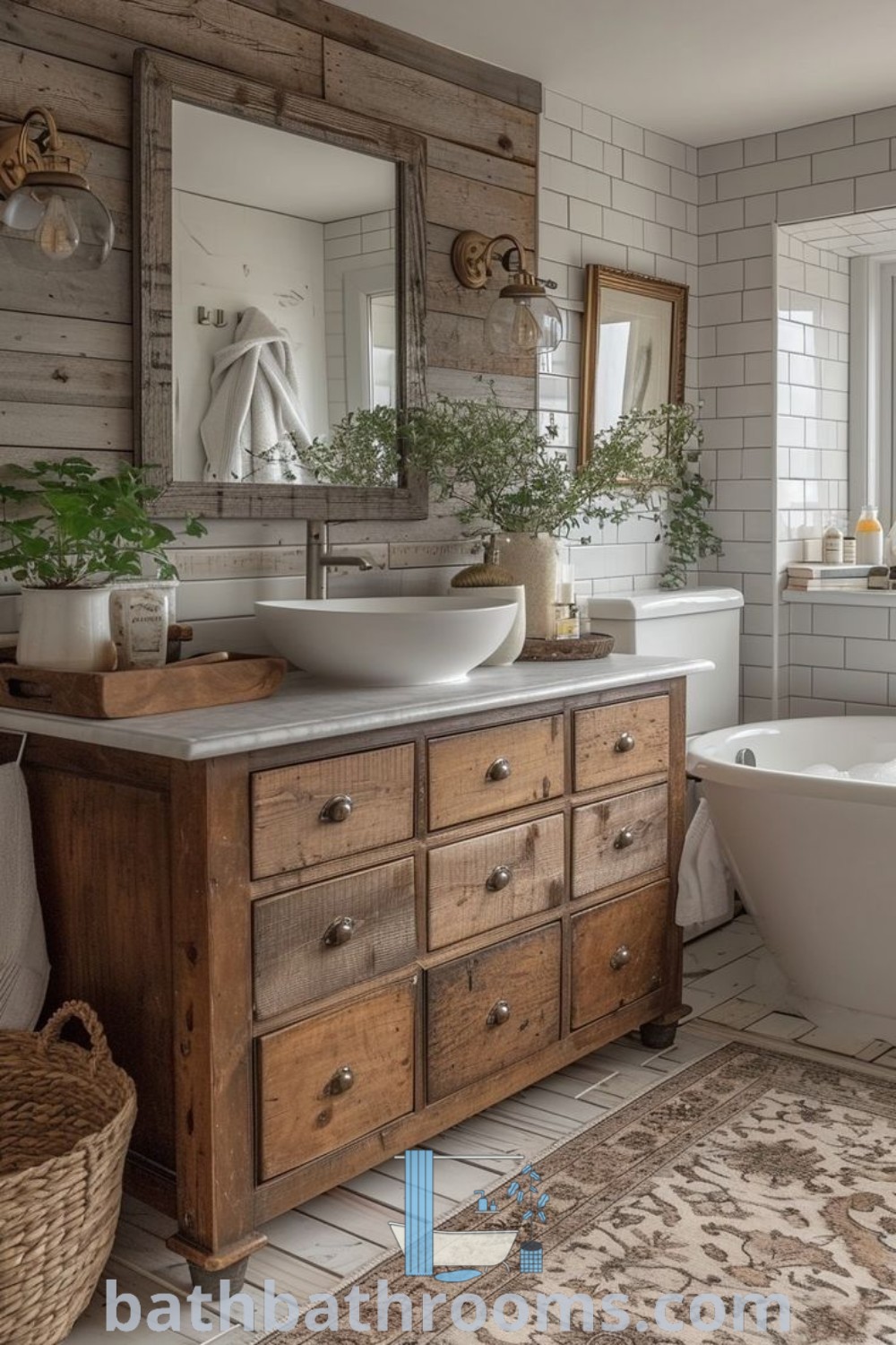 A cozy European cottage bathroom featuring a tub, sink, and mirror, enhanced with charming design ideas and rustic tiles. This inviting space showcases farmhouse style and cozy decor inspirations, ideal for those seeking unique ideas for their homes. Discover more at bathbathrooms.com.