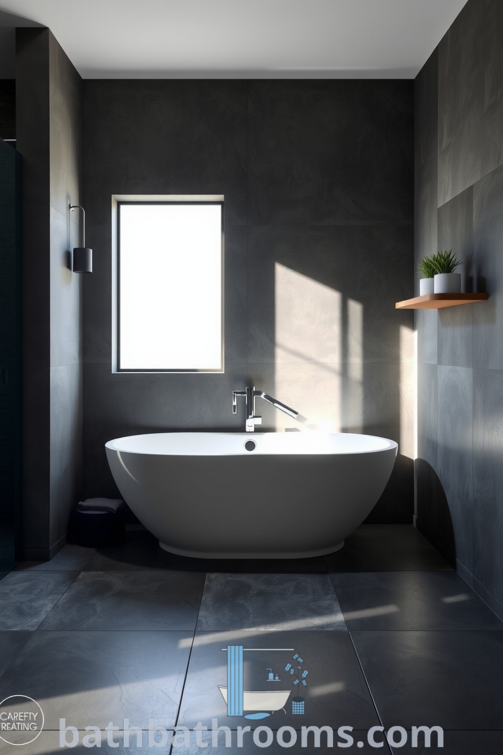 Minimalist bathroom with smooth concrete walls, a sleek freestanding tub, sunlight through a frosted window, and a wooden shelf with potted plants, creating a serene and inviting atmosphere. Discover unique ideas for cozy bathrooms at bathbathrooms.com.