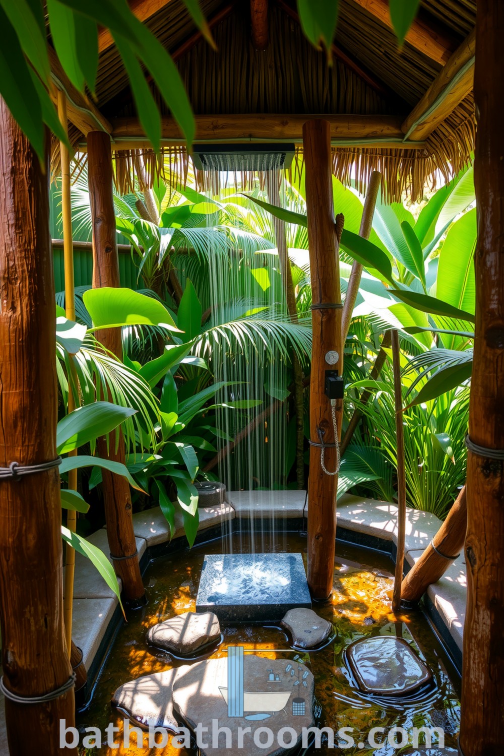 Rustic outdoor shower in a tropical garden with wooden posts, thatched roof, smooth river stone floor, and vibrant foliage, creating a serene and inviting oasis. Discover unique ideas for cozy home decor at bathbathrooms.com.