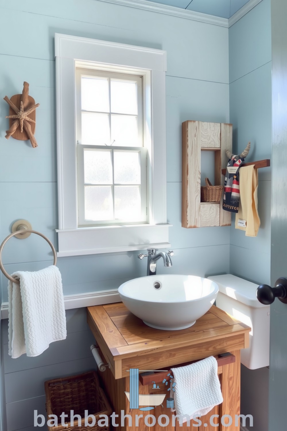 Cozy coastal bathroom featuring pale blue walls, weathered wood accents, nautical decor, and a reclaimed wooden vanity, creating a serene and inviting atmosphere. Explore inspiring decor ideas for small spaces at bathbathrooms.com.
