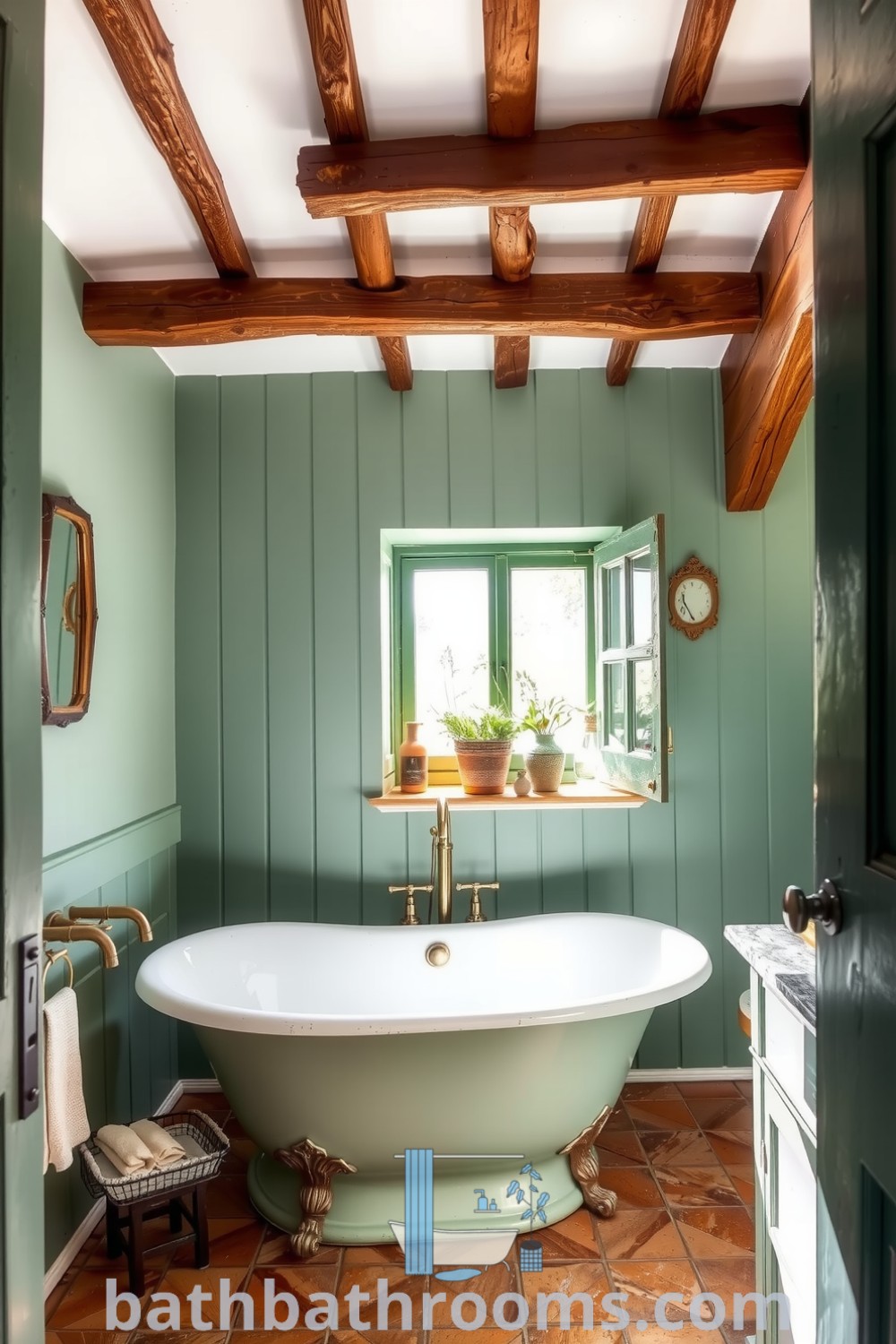 Cozy mint green bathroom featuring a freestanding tub on terracotta tiles, vintage brass fixtures, and potted herbs, creating a soothing and tranquil atmosphere. Discover more inspiring decor ideas for your home at bathbathrooms.com.