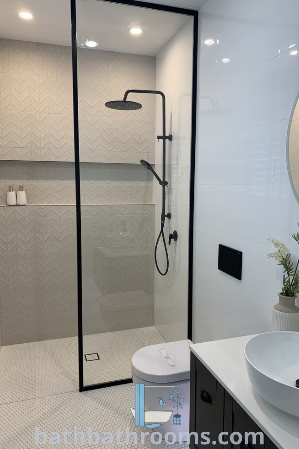 A modern small bathroom design featuring sleek fixtures and elegant decor elements, showcasing inspiring ideas for maximizing style and space. Perfect for bathroom redesigns and layouts that promote cozy aesthetics. Discover more at bathbathrooms.com.