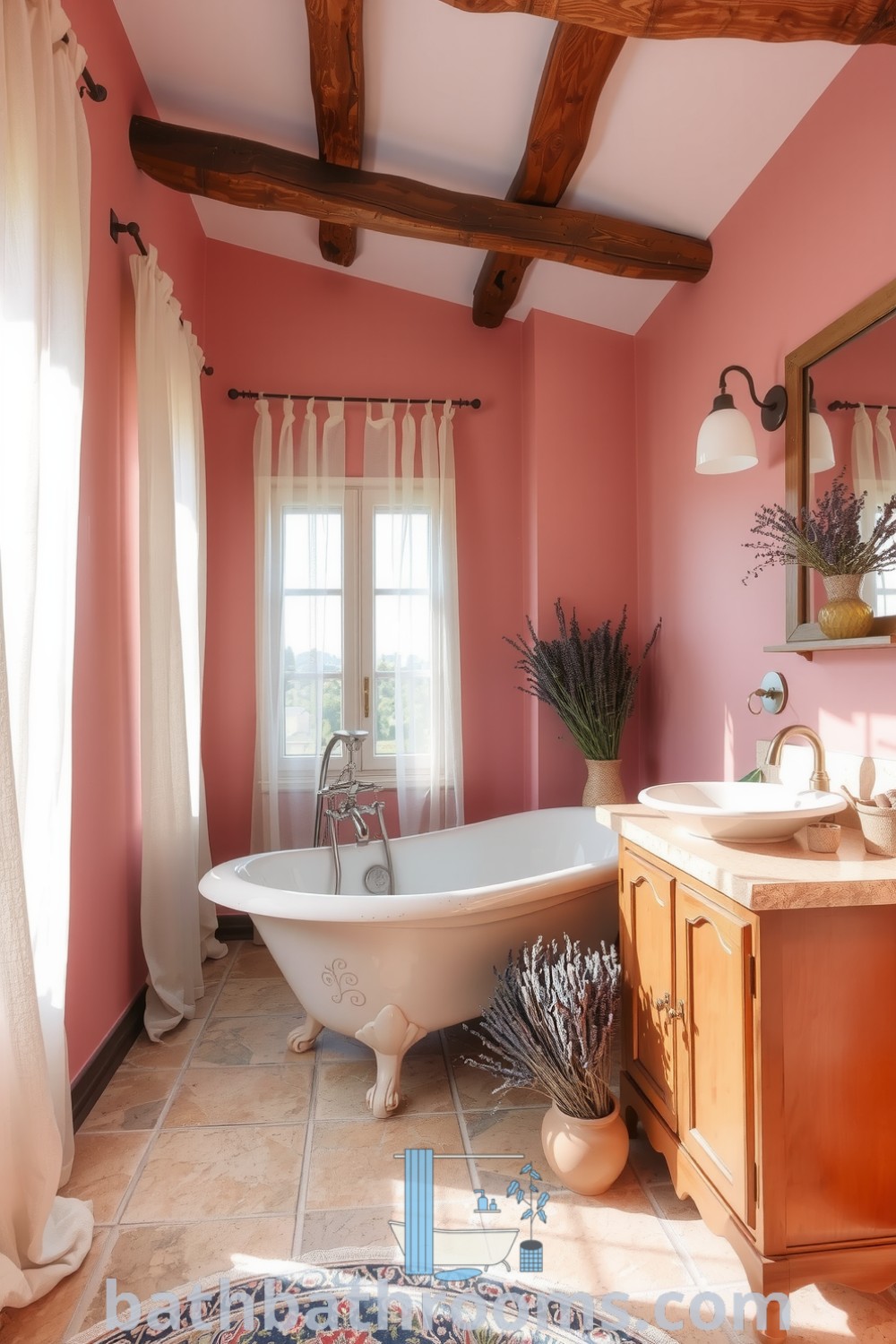 Cozy Provence bathroom featuring soft pink walls, a vintage clawfoot tub, rustic wooden beams, and a handcrafted vanity with herbs, creating a tranquil and inviting atmosphere. Explore unique decor ideas for your home at bathbathrooms.com.
