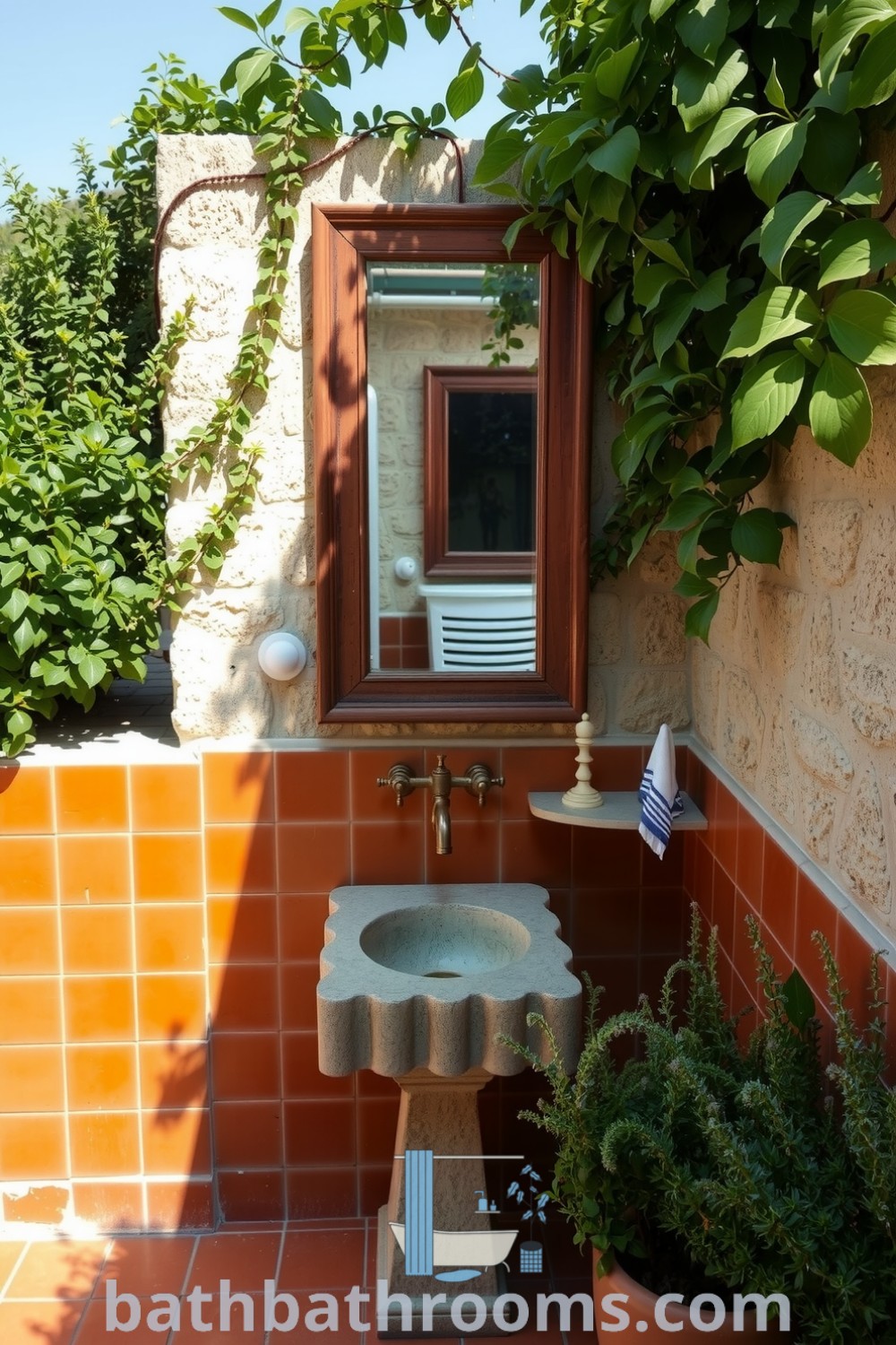 Mediterranean outdoor bathroom featuring warm terracotta tiles, rustic stone walls, natural stone sink, lush greenery, and copper fixtures, creating an inviting and cozy retreat. Discover more design ideas for your home at bathbathrooms.com.