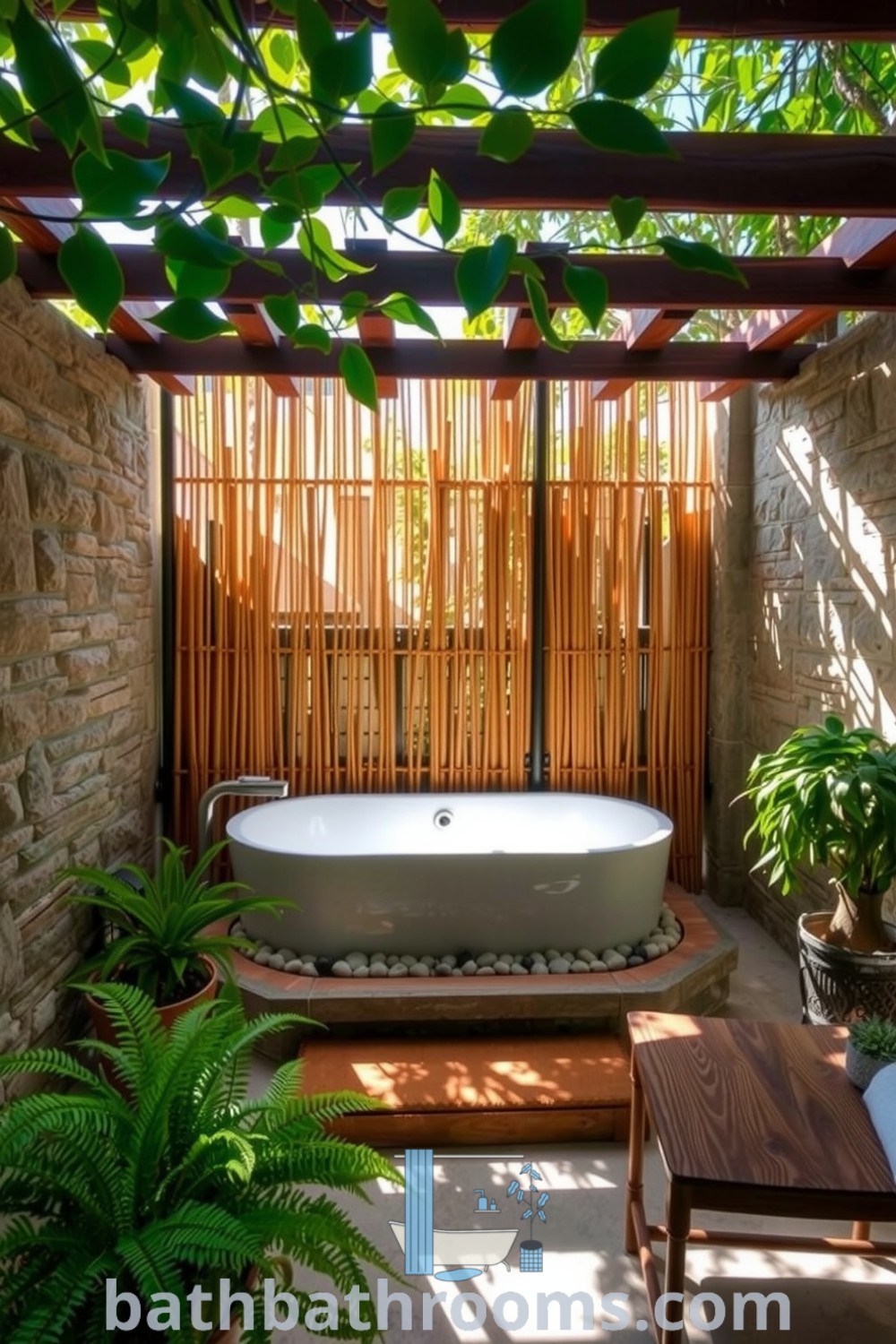 Outdoor bathroom oasis featuring natural stone walls, a freestanding soaking tub, bamboo privacy screen, and lush greenery, creating a serene spa atmosphere. Discover more inspiring decor ideas for your home at bathbathrooms.com.