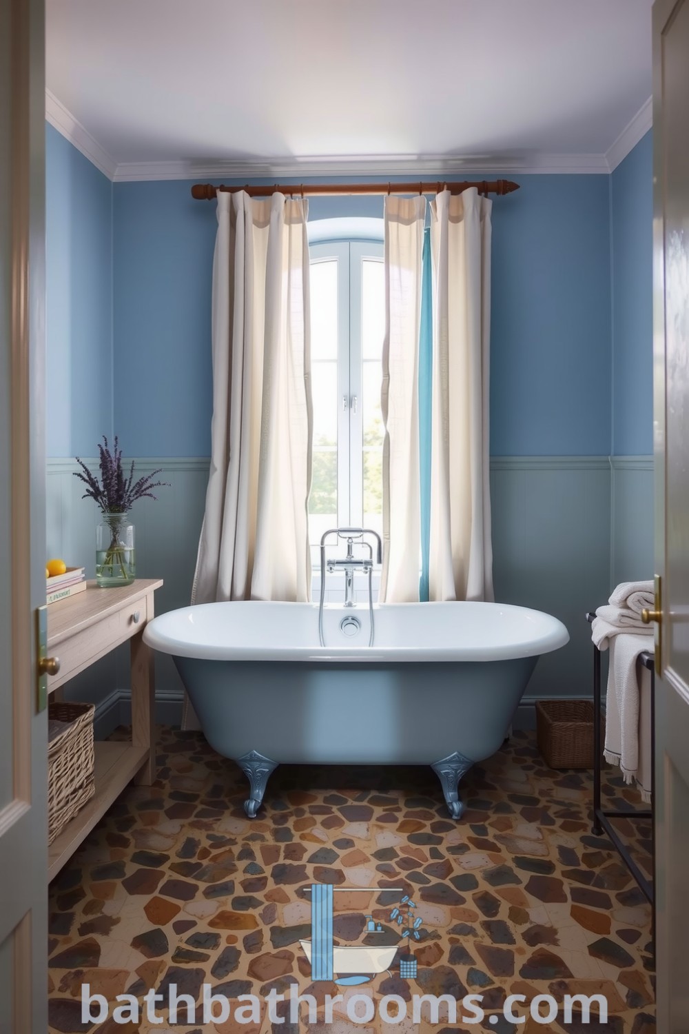 Cozy Provence bathroom featuring soft blue tones, a freestanding clawfoot tub, worn stone mosaics, and lavender accents, creating a tranquil and inviting atmosphere. Explore more cozy decor ideas at bathbathrooms.com.