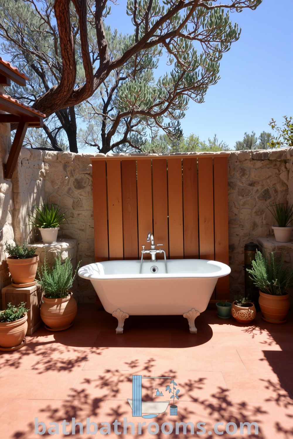 Mediterranean outdoor bathroom featuring terracotta tiles, rustic stone walls, potted herbs, and a clawfoot tub, creating a cozy and inviting retreat. Discover inspiring decor ideas for your home at bathbathrooms.com.