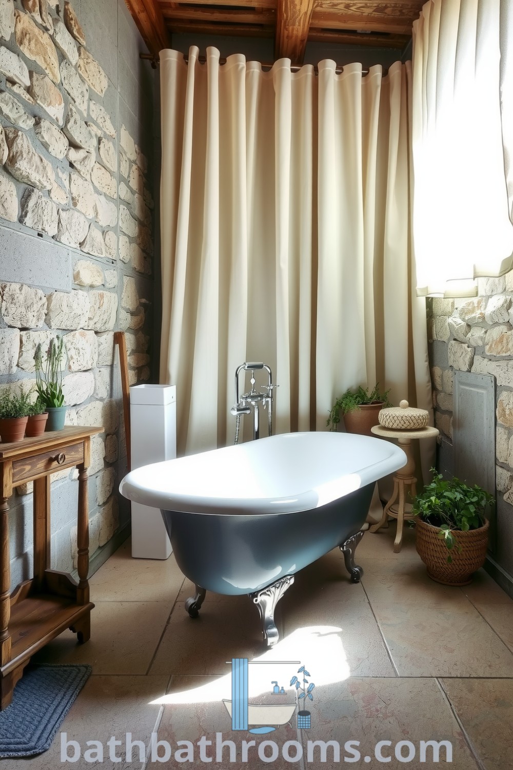 Cozy gray Provence bathroom featuring weathered stone walls, a vintage clawfoot tub, and a reclaimed wooden vanity, illuminated by natural light. Discover more inspiring decor ideas for your home at bathbathrooms.com.