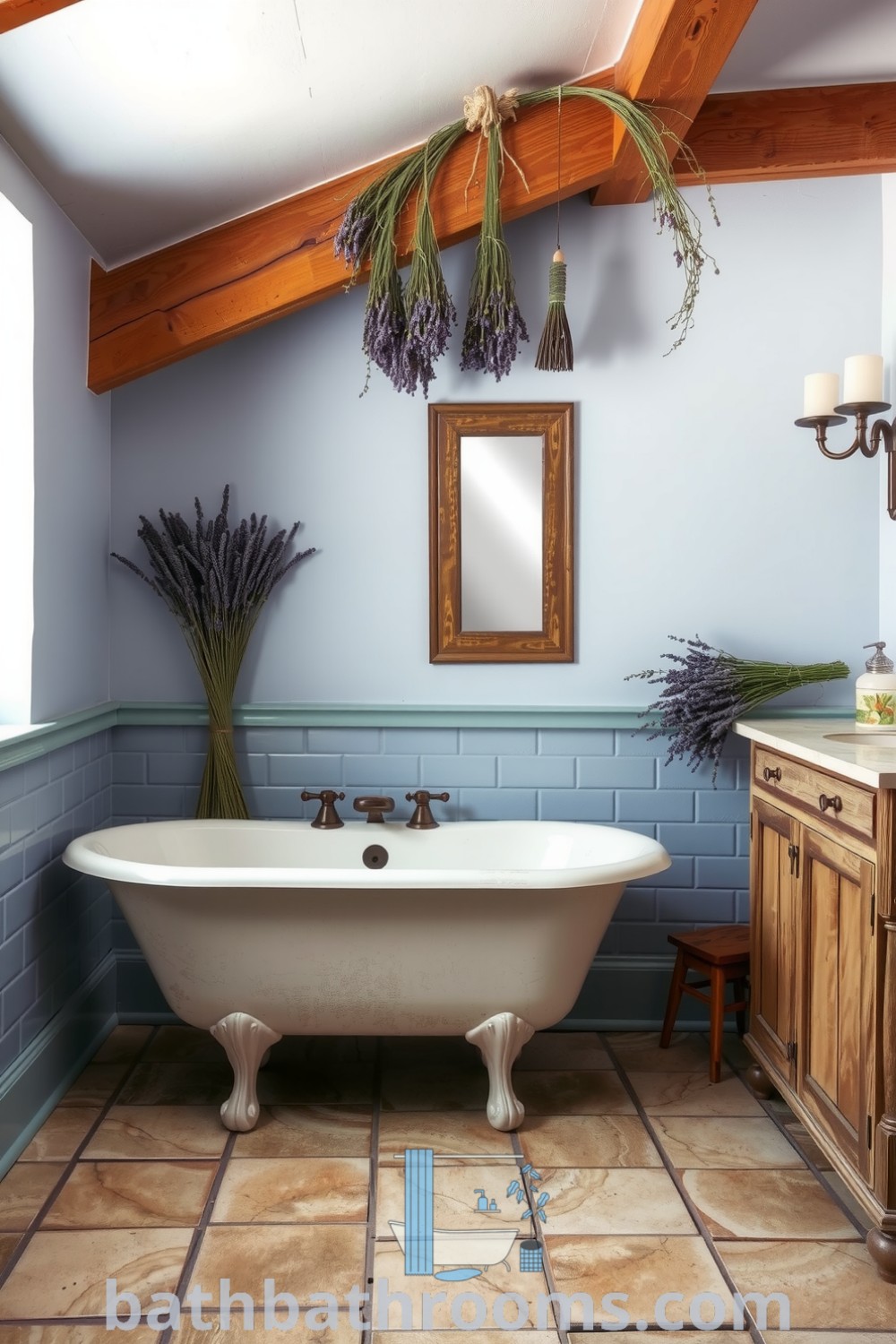 Cozy bathroom featuring soft blue hues, a vintage clawfoot tub, weathered walls, and lavender accents, creating a tranquil and inviting atmosphere. Discover more decor ideas for your home at bathbathrooms.com.