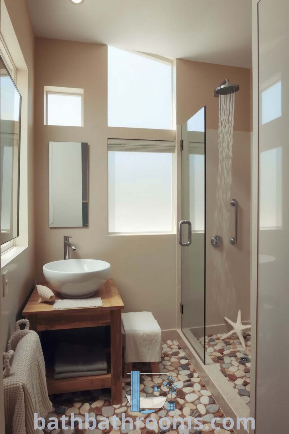 Coastal bathroom featuring sandy beige walls, driftwood accents, smooth pebble flooring, seashell decor, and a rain-style shower, creating a serene and inviting space. Discover more inspiring decor ideas at bathbathrooms.com.