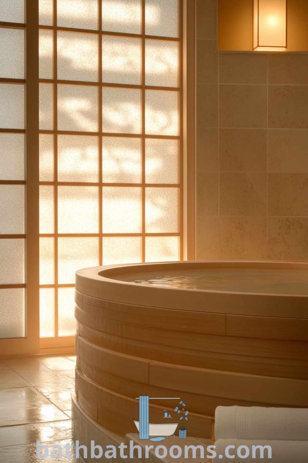 Warm beige Japanese bathroom featuring a wooden tub, textured stone tiles, and shoji screens that create a serene atmosphere, enriched with hinoki cedar scent. Discover more cozy decor ideas at bathbathrooms.com.
