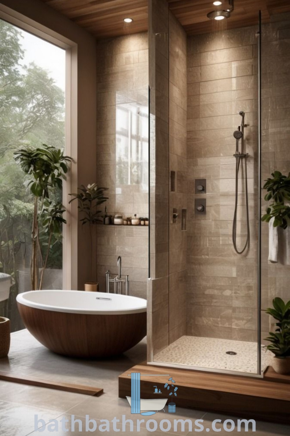 A stylish bathroom featuring black fixtures, a large round mirror, and white walls that embody minimalist modern design. The tropical design inspirations and cozy aesthetic create an inviting space. Explore more inspiring decor ideas at bathbathrooms.com.