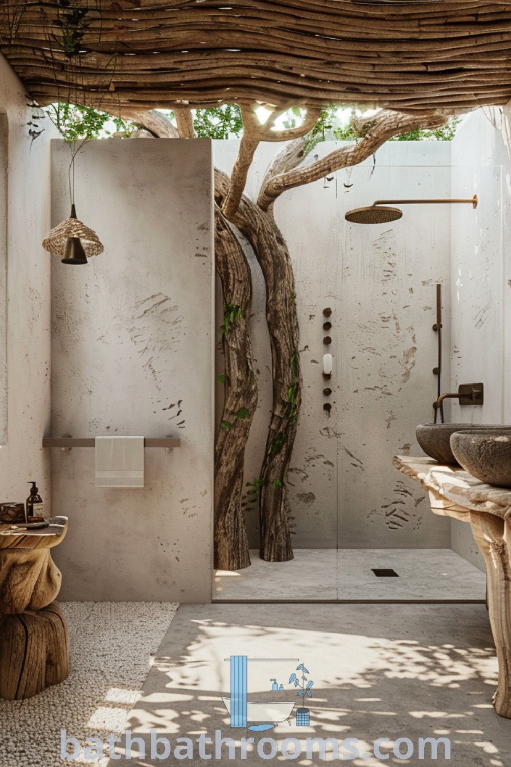 An inspiring semi outdoor bathroom with two sinks and a tree in the shower, showcasing bohemian decor ideas, rustic charm, and Moroccan style. Discover unique ideas for your home at bathbathrooms.com.