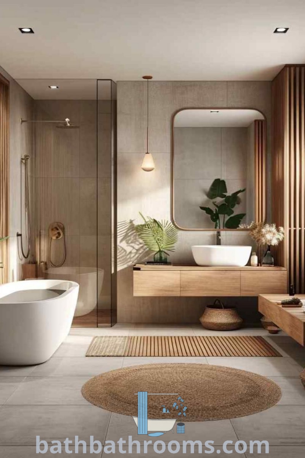 A serene Zen bathroom showcasing a large tub, stylish sink, and a mirror at the center, featuring Japanese bathroom design elements and cozy decor ideas. Explore unique inspirations and tips to transform your home at bathbathrooms.com.