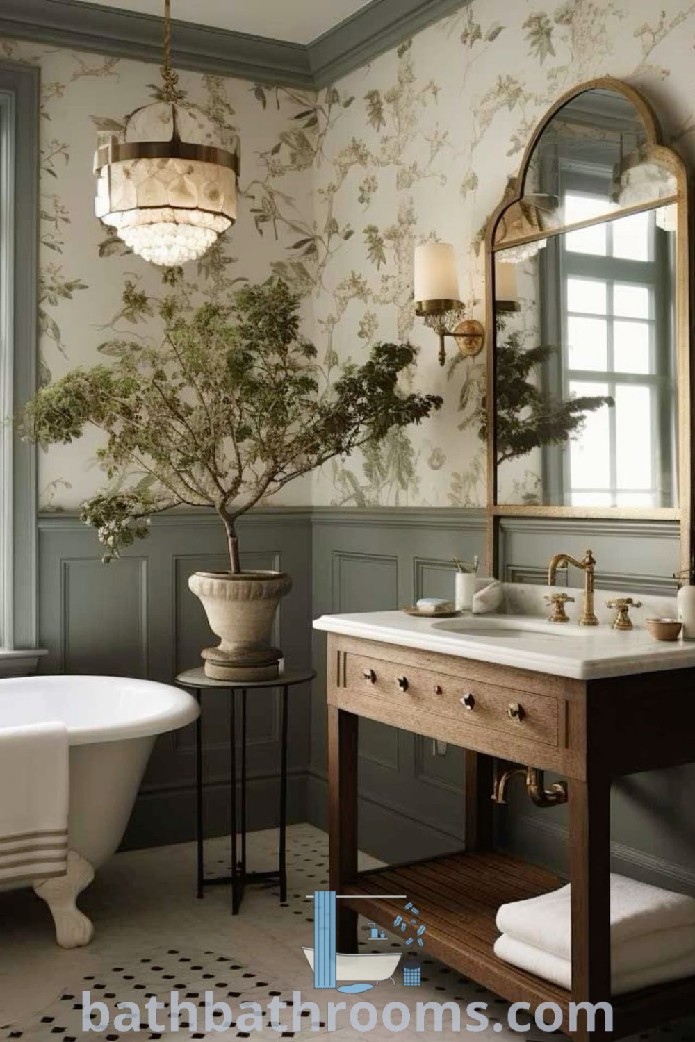 A luxurious Victorian-style bathroom featuring a tub, sink, and ornate mirror, showcasing historic and colonial inspirations. Explore unique ideas for a cozy home at bathbathrooms.com.