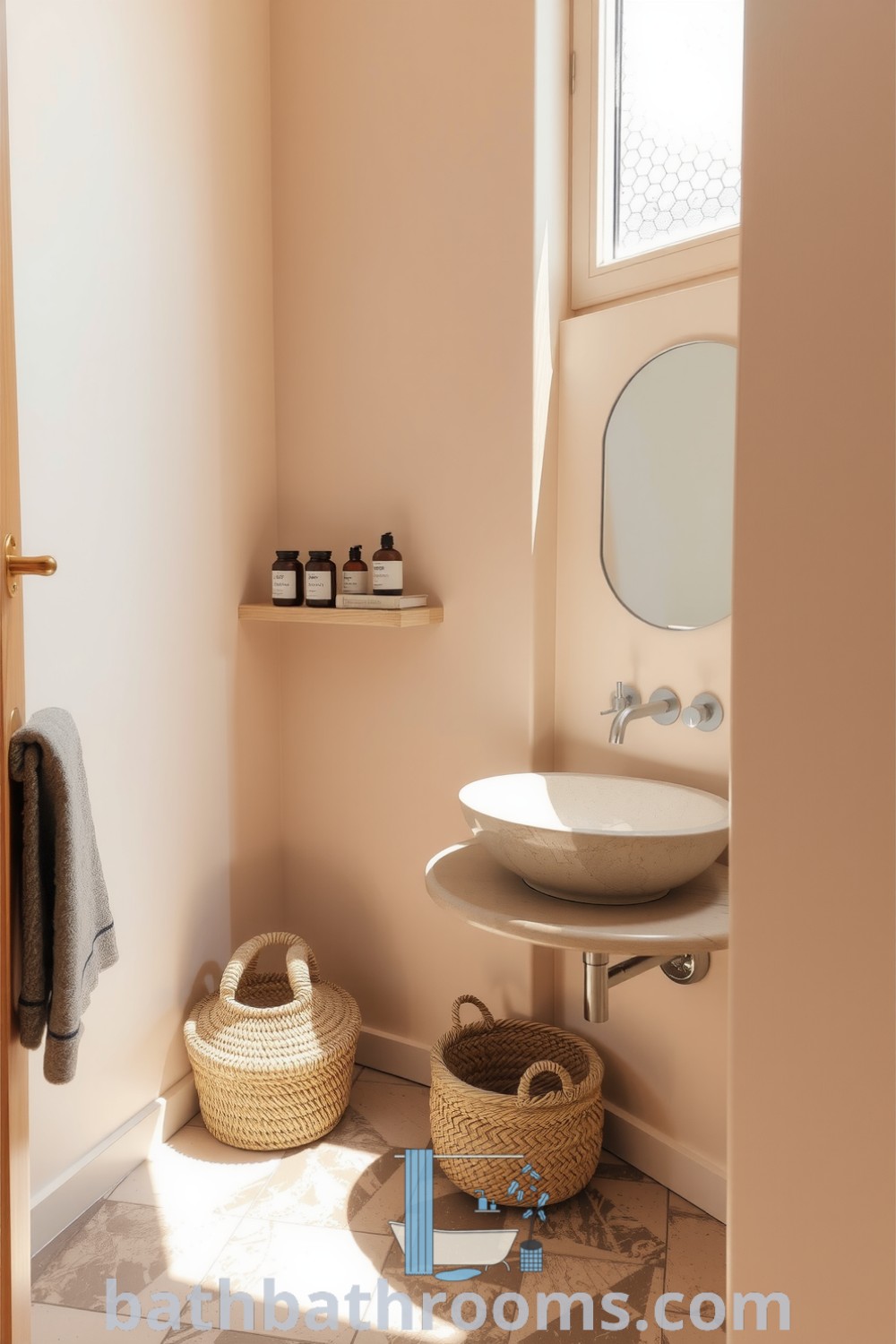 Minimalist bathroom with beige walls, wooden shelf with organic soaps, a sleek stone sink, and a textured stone floor, illuminated by sunlight from a frosted window. Discover inspiring decor ideas for small spaces at bathbathrooms.com.