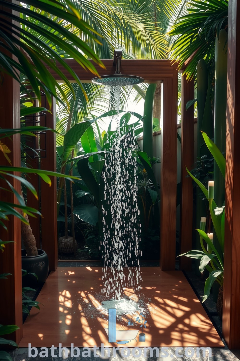 Tropical outdoor shower made of teak wood, surrounded by lush green foliage, droplets on the stone floor, creating an inviting and serene atmosphere. Discover unique decor ideas for your home at bathbathrooms.com.