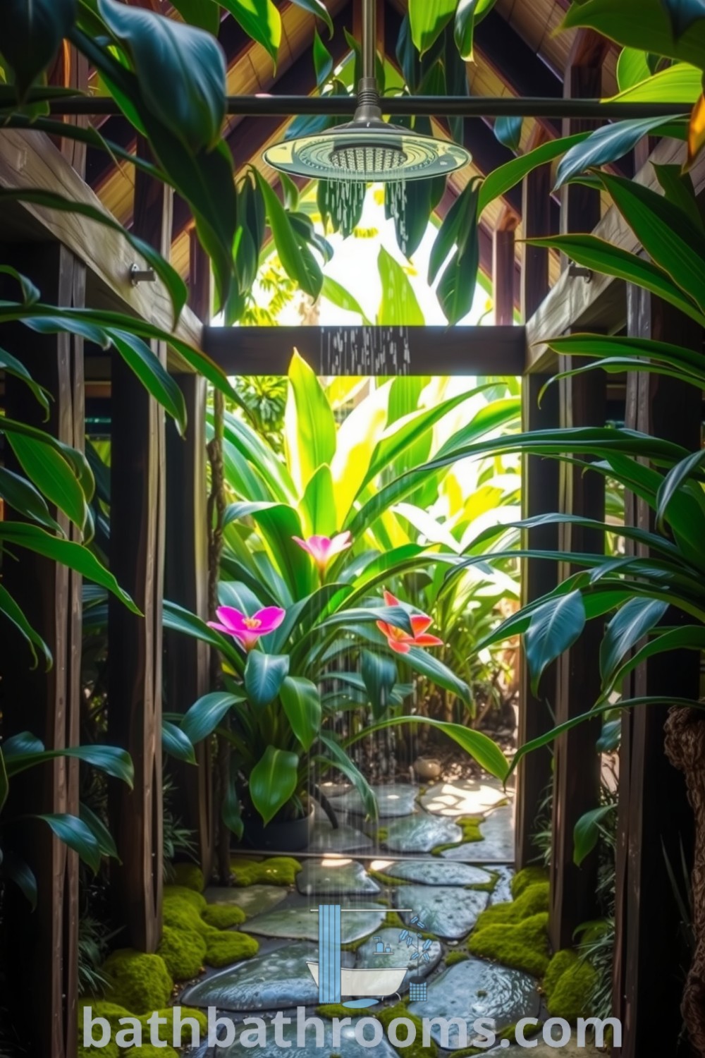 Tropical outdoor shower surrounded by lush foliage, featuring weathered wood beams, smooth stone flooring, and a rainfall showerhead, creating a serene retreat. Discover unique design ideas for your home at bathbathrooms.com.