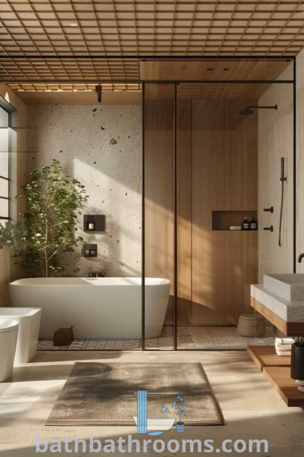 A serene bathroom featuring a bathtub, sink, and toilet beside a tree, showcasing Japandi design principles. This modern Zen bathroom merges functionality and aesthetic appeal, making it an inspiring space for relaxation. Discover more decor ideas at bathbathrooms.com.