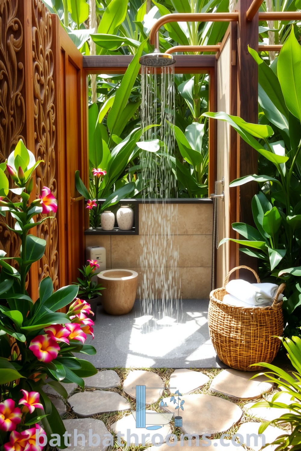 Tropical outdoor shower surrounded by lush greenery, vibrant flowers, rustic wooden panels, and smooth stones, creating a peaceful and natural retreat. Discover unique ideas for your home at bathbathrooms.com.