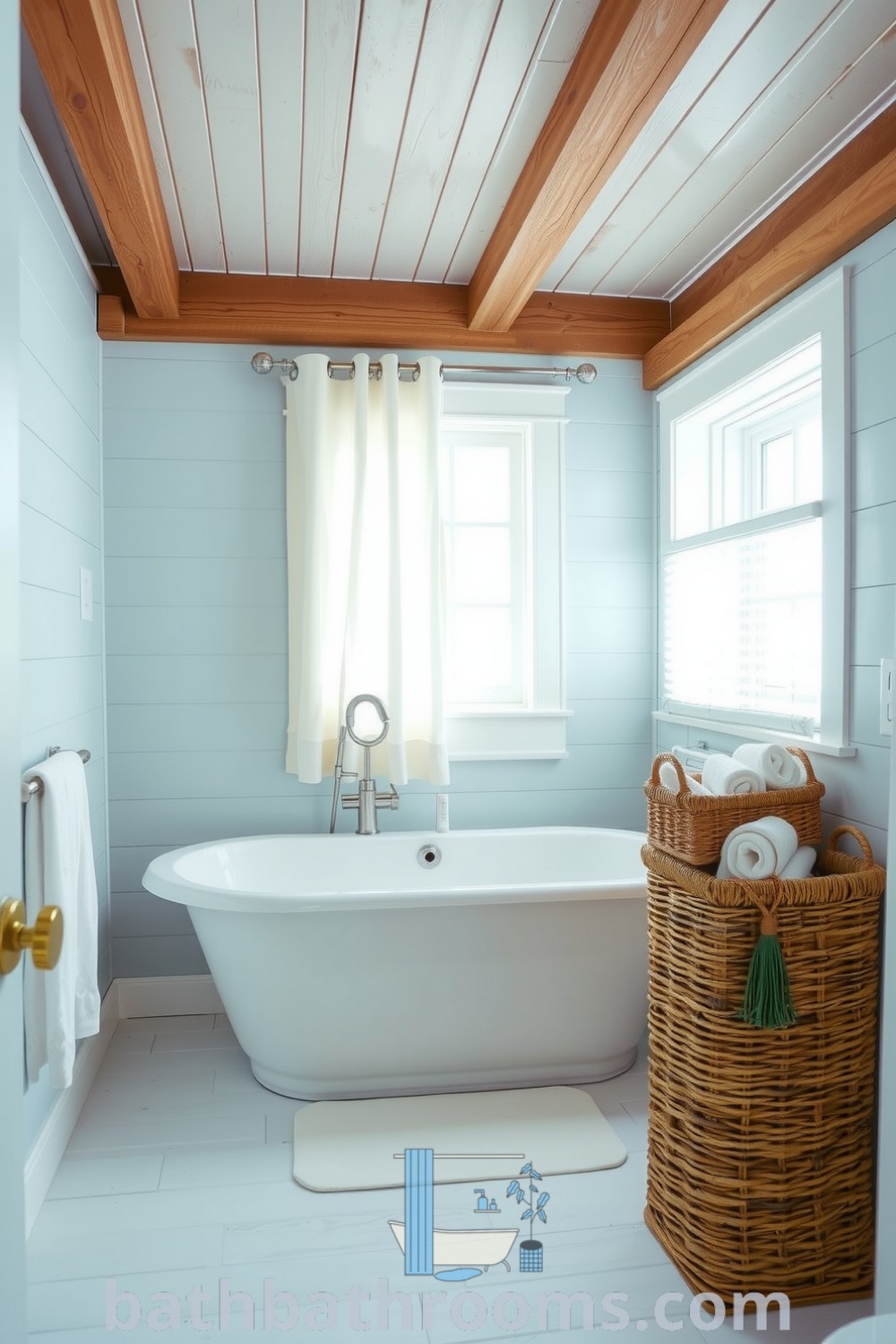 Nautical-style bathroom featuring soft blue and white decor, weathered wood beams, shiplap walls, a white tub by a window with sheer curtains, and a wicker basket for towels, creating a cozy retreat. Discover more design ideas at bathbathrooms.com.