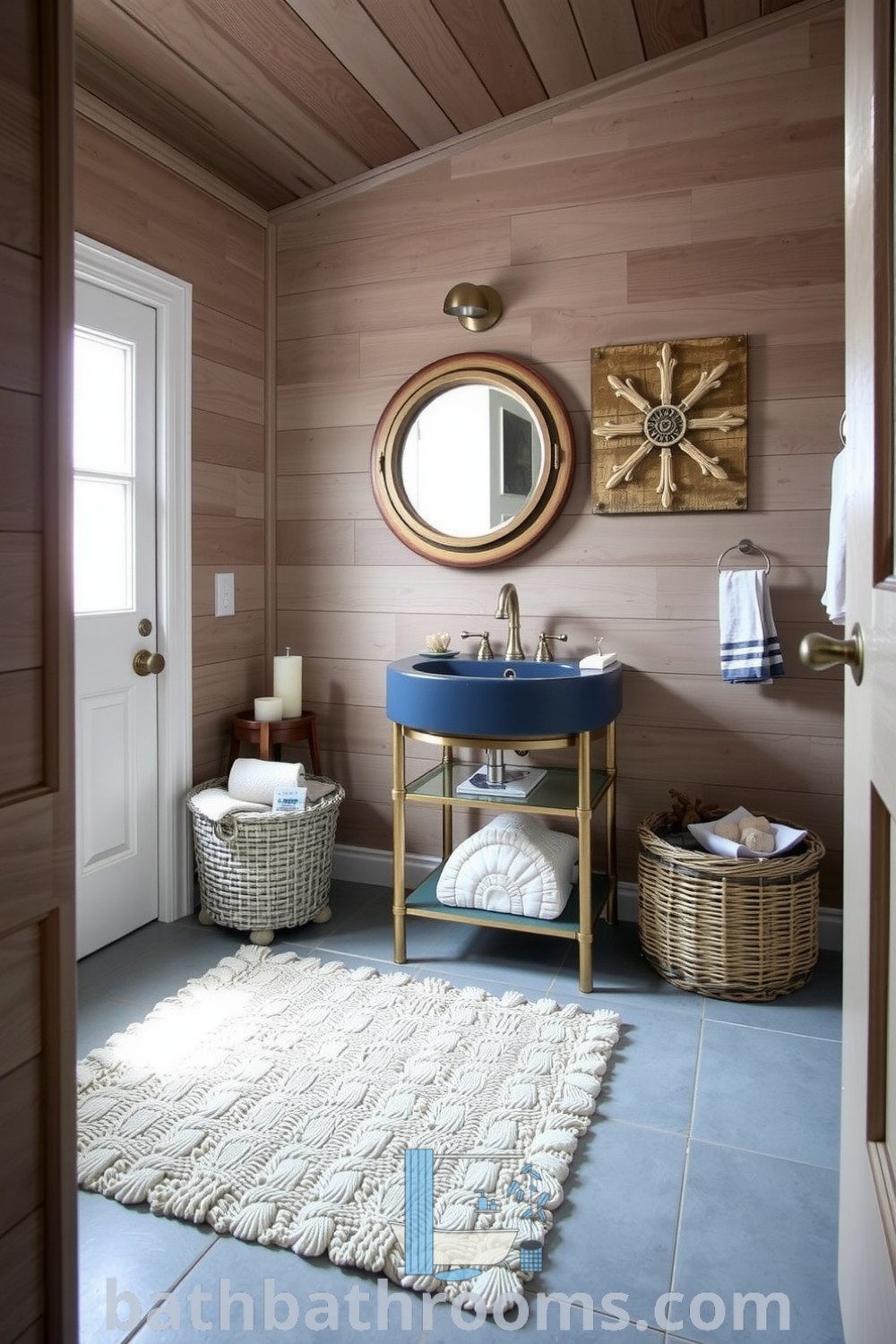 Cozy nautical bathroom featuring driftwood-colored walls, a seashell-patterned rug, vintage ship