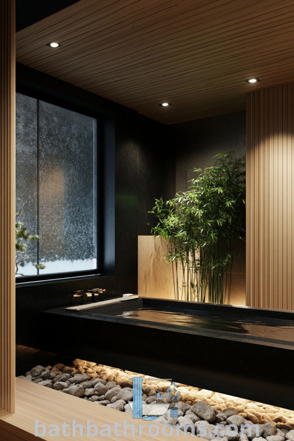 Japanese bathroom featuring warm wooden panels, a deep soaking tub, natural stone accents, and potted bamboo creating a serene atmosphere. Discover cozy decor ideas for a perfect style fusion at bathbathrooms.com.