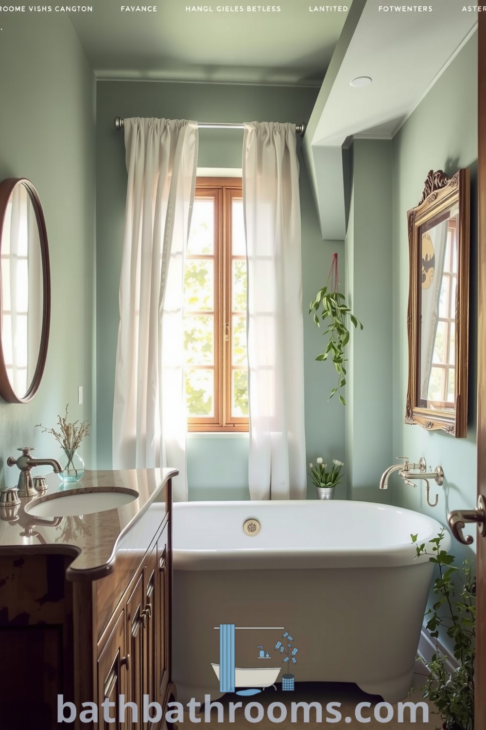 Cozy Provence bathroom featuring mint green hues, textured plaster walls, a polished wood vanity with a vintage mirror, a freestanding bathtub, and potted plants, creating a tranquil and inviting atmosphere. Discover unique decor ideas for your home at bathbathrooms.com.