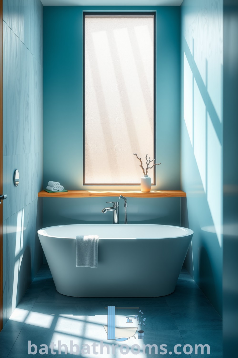 Minimalist bathroom featuring a freestanding tub, calming cyan hues, polished stone, and warm wooden accents, all bathed in natural light for a tranquil atmosphere. Discover more inspiring decor ideas at bathbathrooms.com.