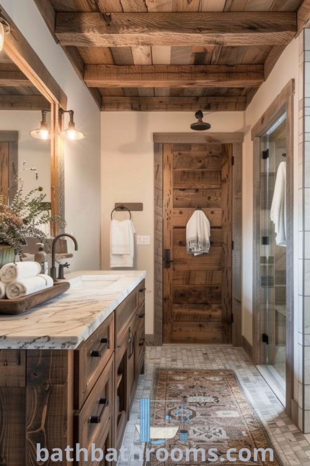A large rustic bathroom featuring wooden floors and walls, showcasing a cozy cabin bathroom makeover. Discover modern rustic inspirations and unique design ideas for a warm and inviting space at bathbathrooms.com.