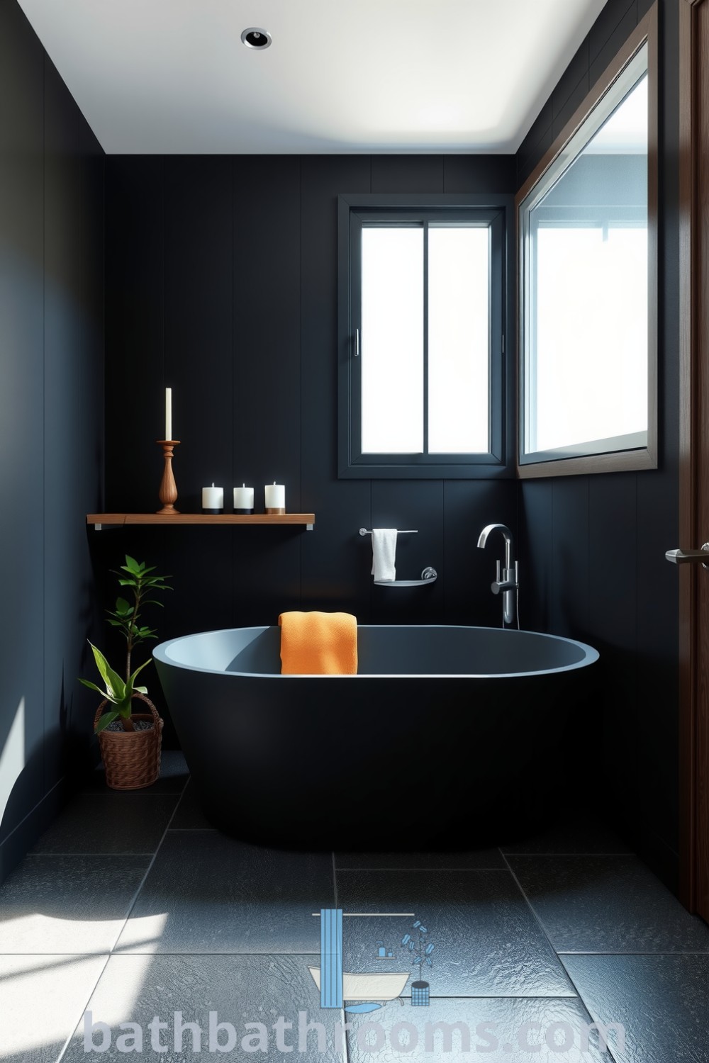 Elegant minimalist black bathroom with a matte freestanding tub, textured stone floor, chrome fixtures, and warm accents from candles and a potted plant, creating a serene atmosphere. Discover more cozy decor ideas at bathbathrooms.com.