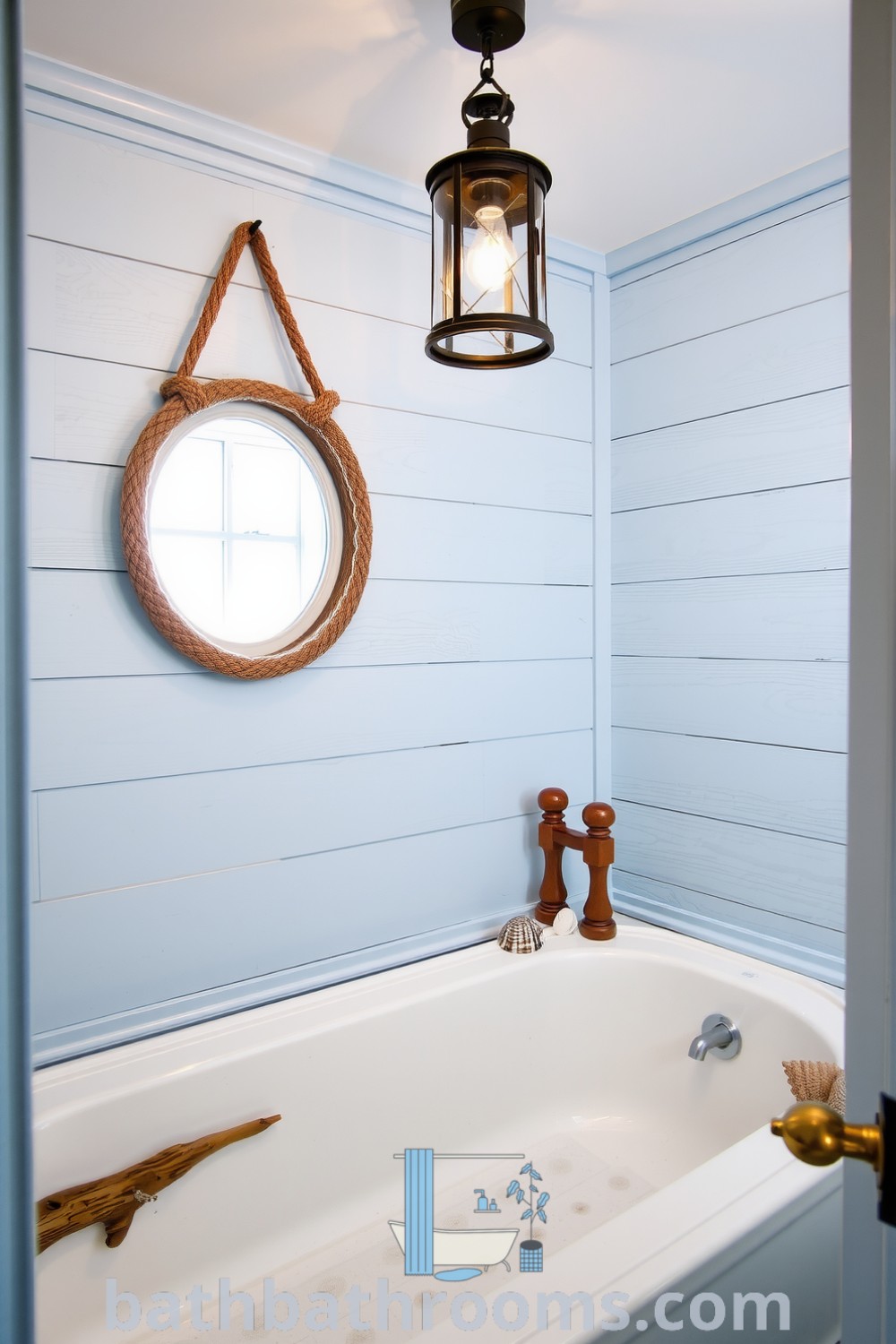 Cozy nautical bathroom with soft blue and white decor, weathered wooden paneling, a round mirror framed in rope, and vintage ship