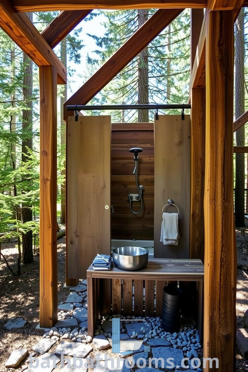 Rustic outdoor bathroom with weathered wooden beams, pebble-stone path, and natural materials, creating a cozy retreat in nature. Discover unique ideas and design inspirations for your home at bathbathrooms.com.