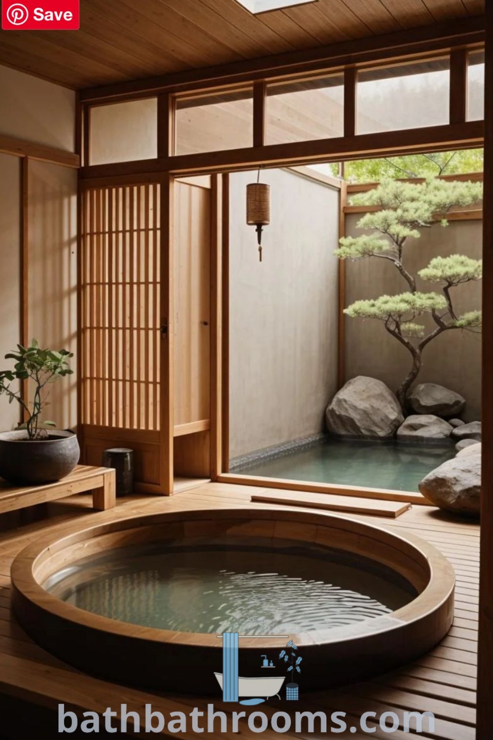 An indoor hot tub in the middle of a room, showcasing a serene Japanese bathroom design with natural materials and minimalist decor. This cozy aesthetic represents unique ideas for a Zen bathroom ambiance. Discover more decor inspirations at bathbathrooms.com.