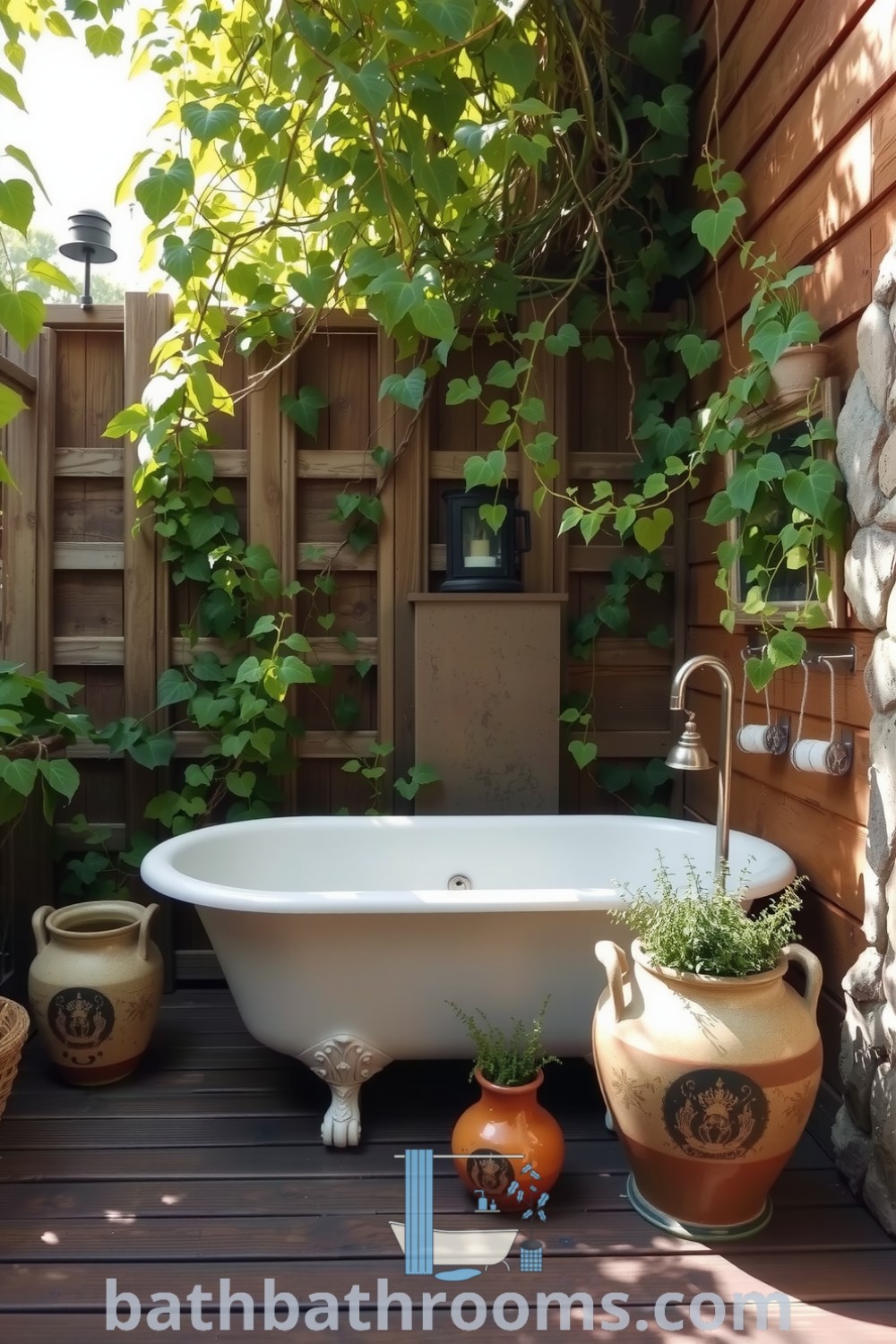 Cozy outdoor bathroom with a vintage clawfoot tub, weathered wooden walls, stone accents, and climbing vines, offering a serene and inviting atmosphere. Discover more inspiring decor ideas for your home at bathbathrooms.com.