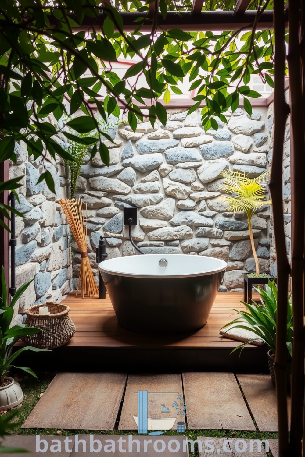 Outdoor bathroom spa retreat with natural stone walls, a curved soaking tub, lush greenery, and bamboo accents, creating a tranquil and inviting atmosphere for relaxation. Discover unique ideas for your home at bathbathrooms.com.