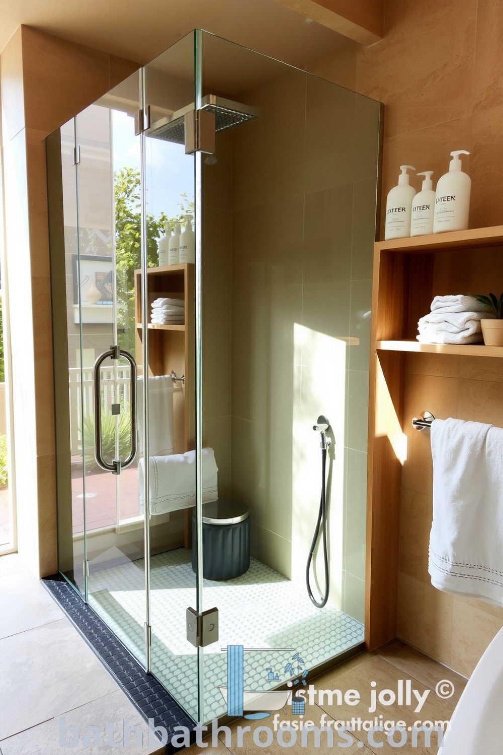 Frameless glass shower in a warm beige bathroom featuring textured stone tiles, soft towels, and a wooden shelving unit with toiletries, creating a tranquil and inviting retreat. Discover inspiring decor ideas for your home at bathbathrooms.com.