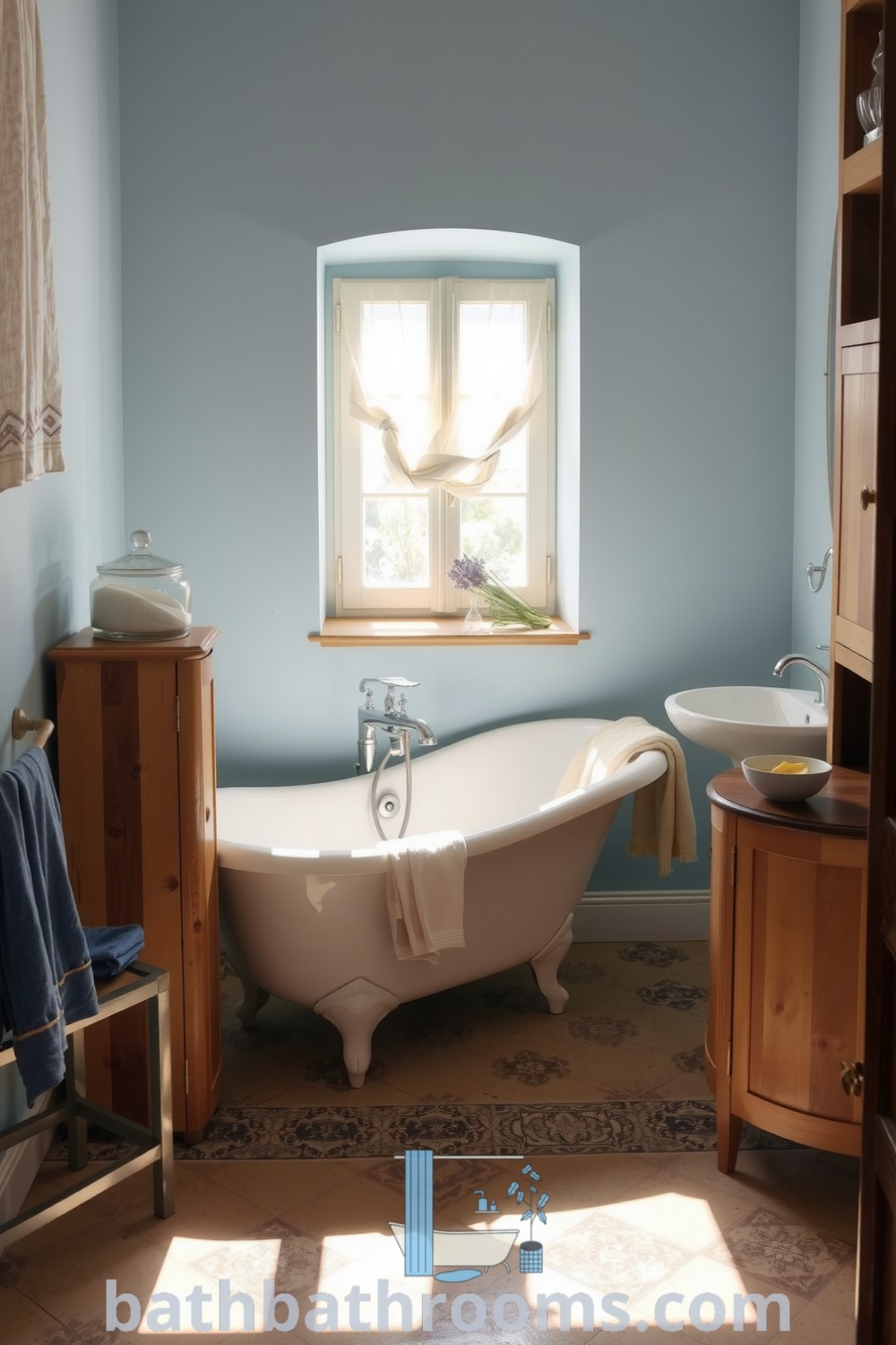Cozy Provence bathroom featuring soft blue walls, rustic wooden cabinetry, a porcelain sink, and a freestanding tub, illuminated by natural light with lavender on the sill. Explore more cozy ideas and decor inspirations at bathbathrooms.com.